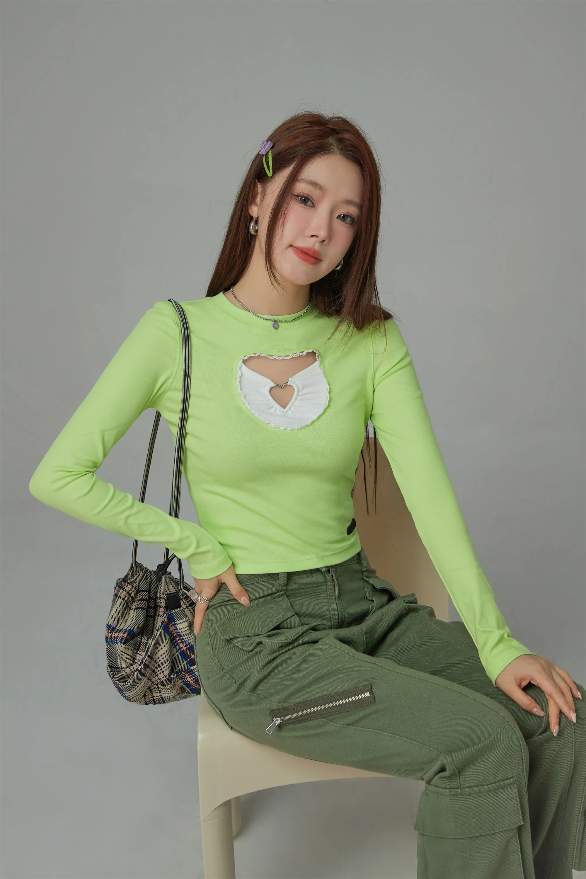 2-Layers Heart Cutout Long-Sleeved Top