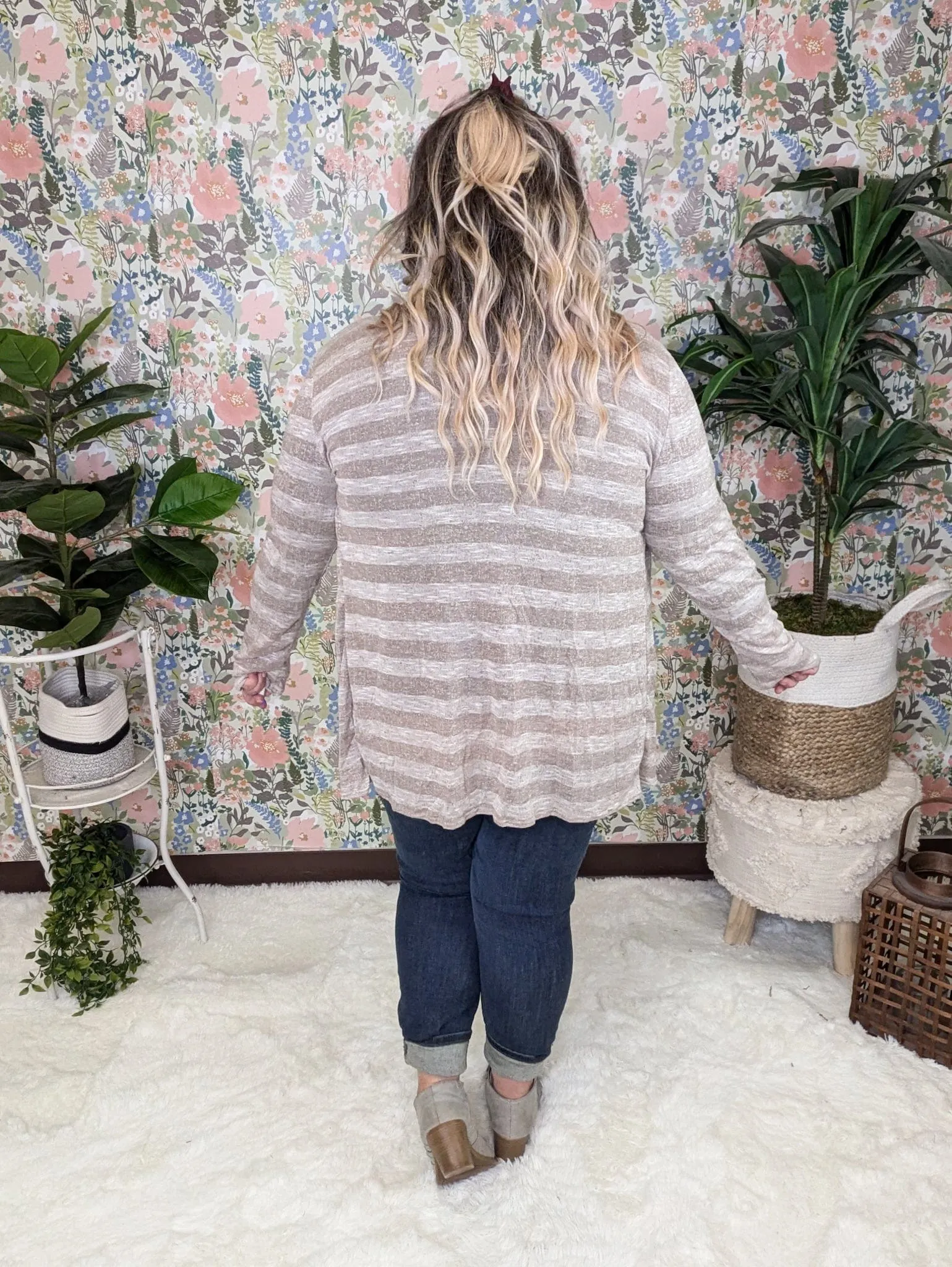 August Slub Knit Lightweight Cardi in Taupe Stripe