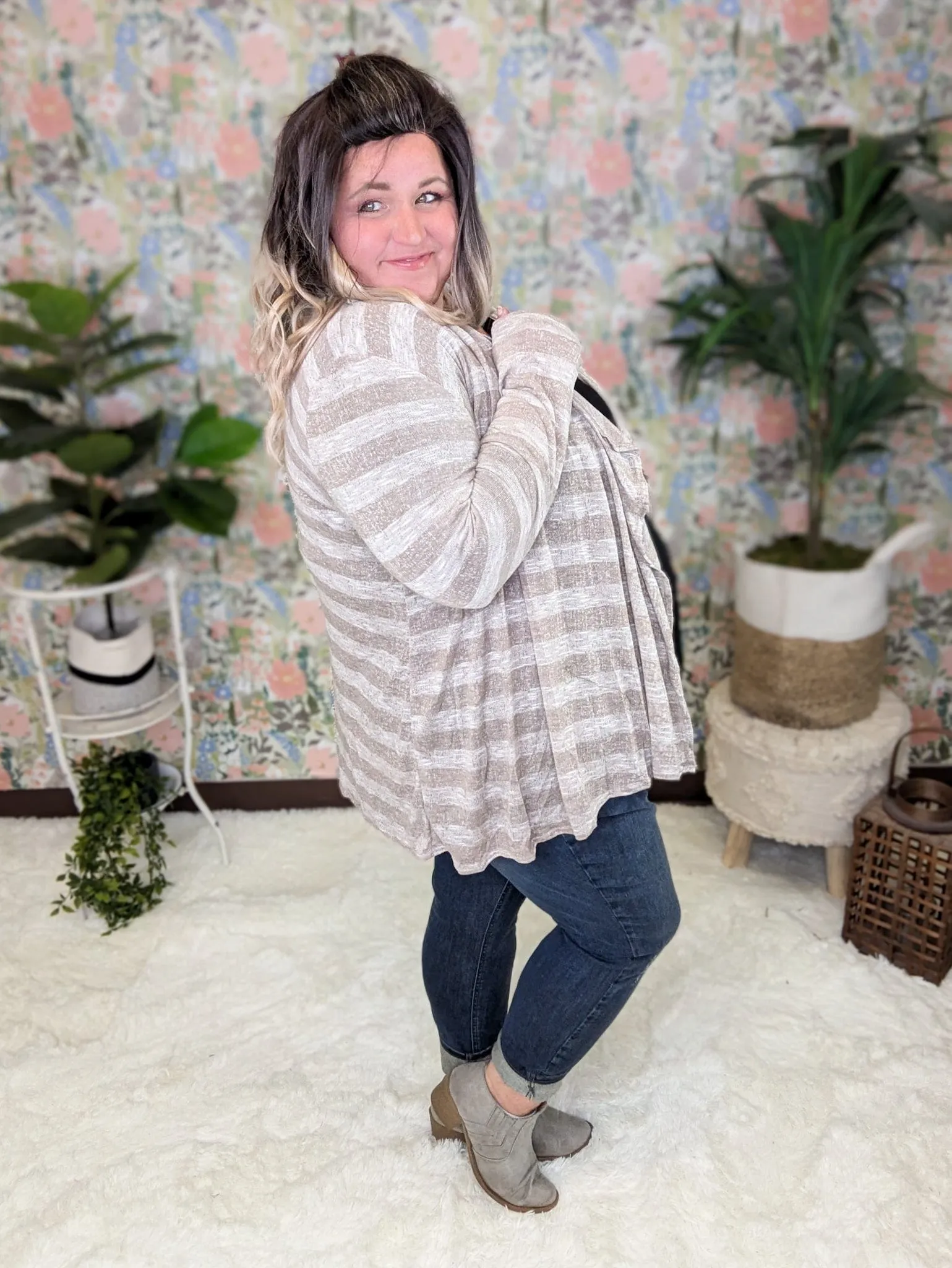 August Slub Knit Lightweight Cardi in Taupe Stripe