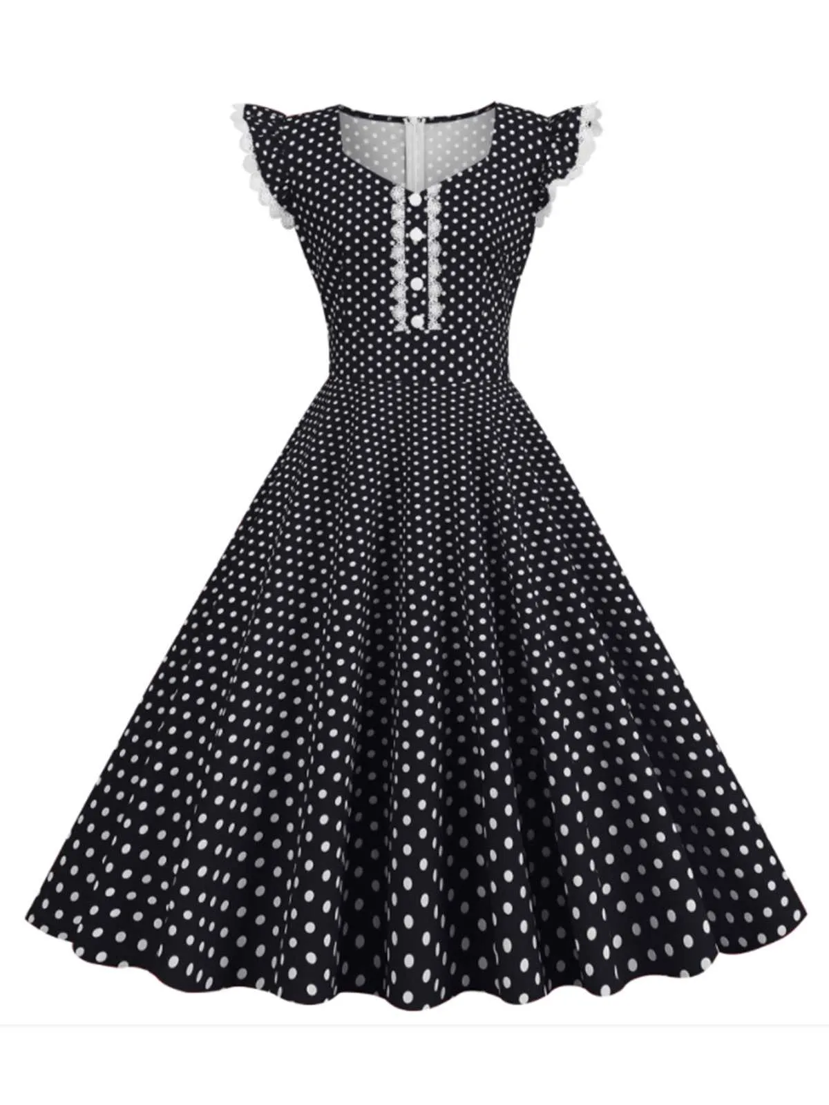 Black 1950s Polka Dots Ruffles Dress