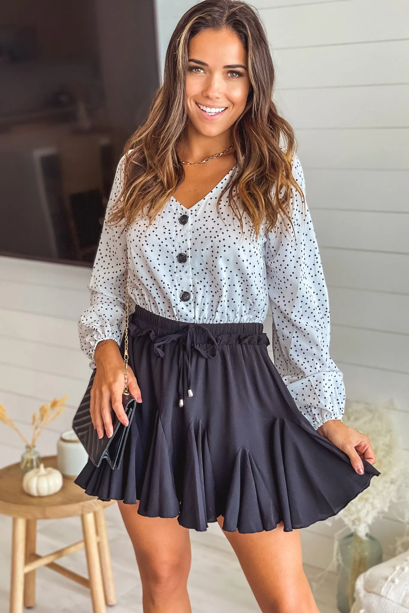 Black And White Polka Dot Ruffled Short Dress With Long Sleeves