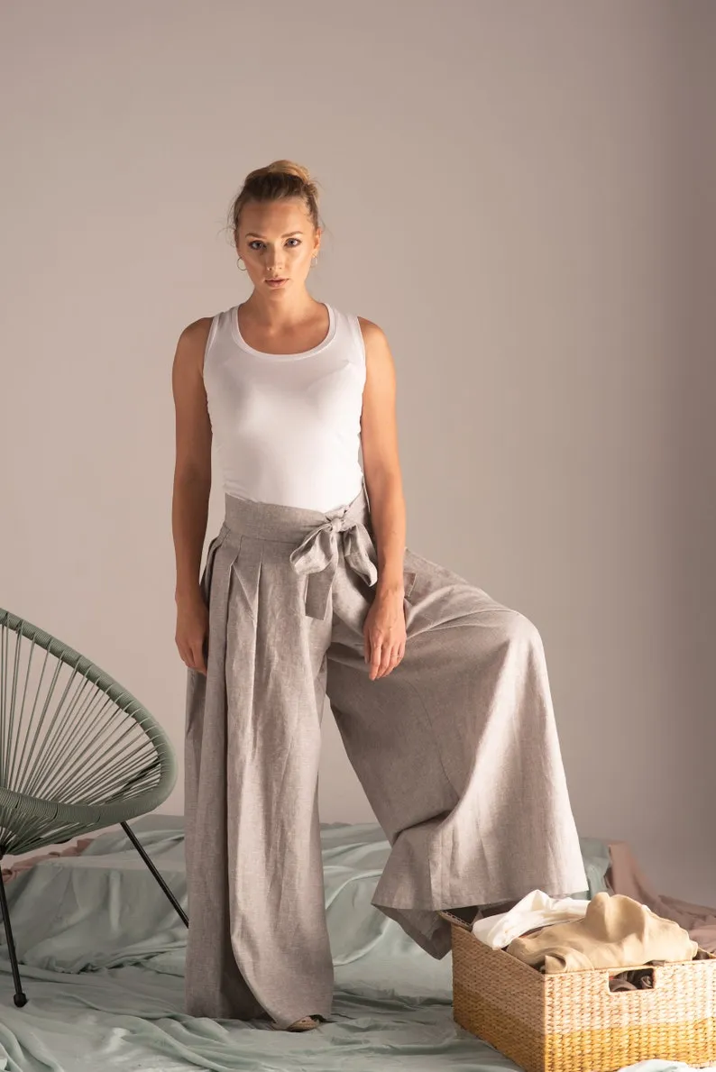 Blue Melange Wide Leg Linen Pants