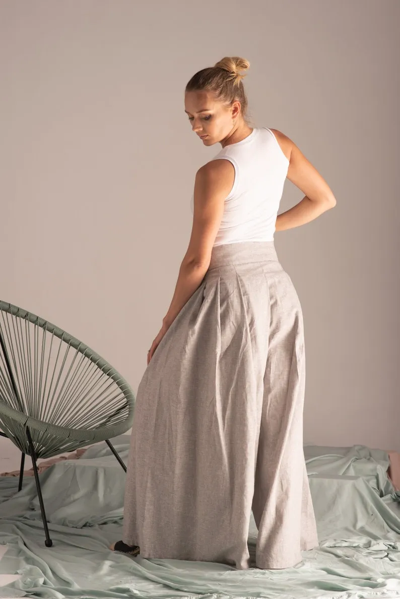 Blue Melange Wide Leg Linen Pants