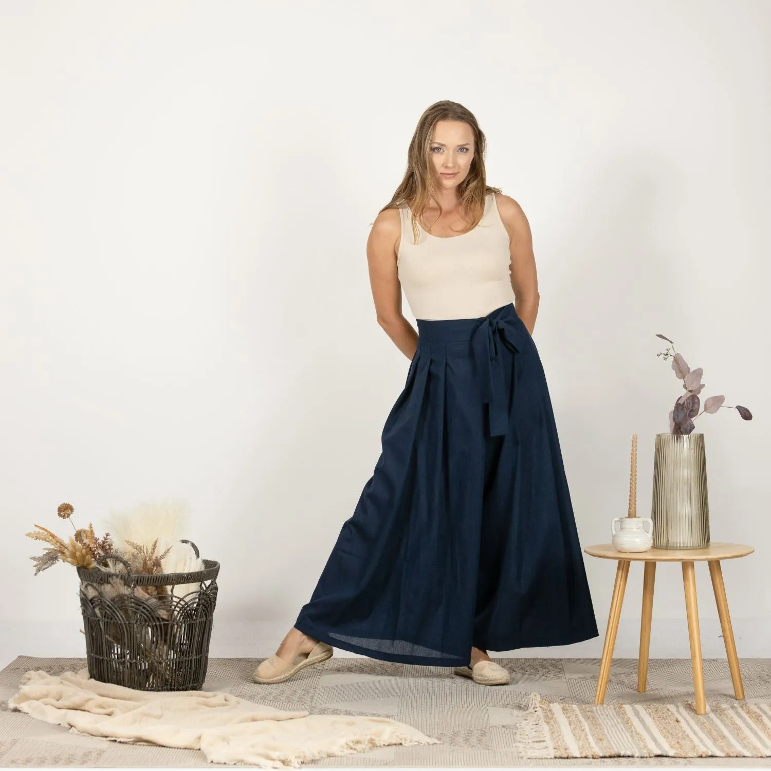 Blue Melange Wide Leg Linen Pants