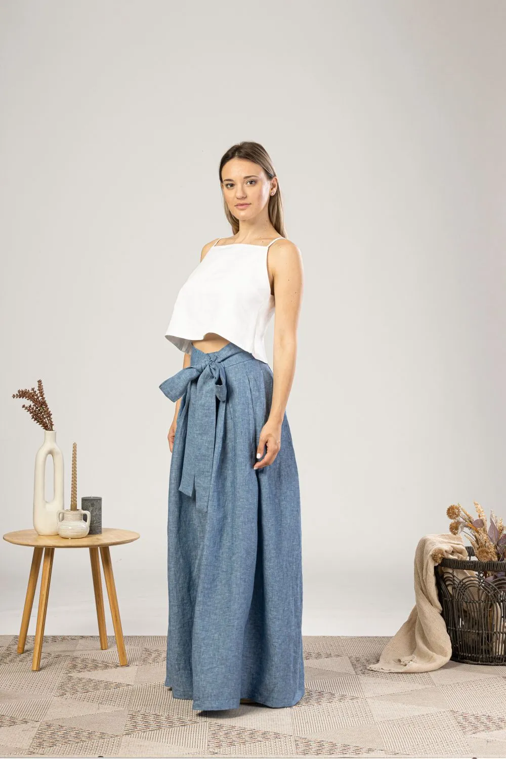 Blue Melange Wide Leg Linen Pants