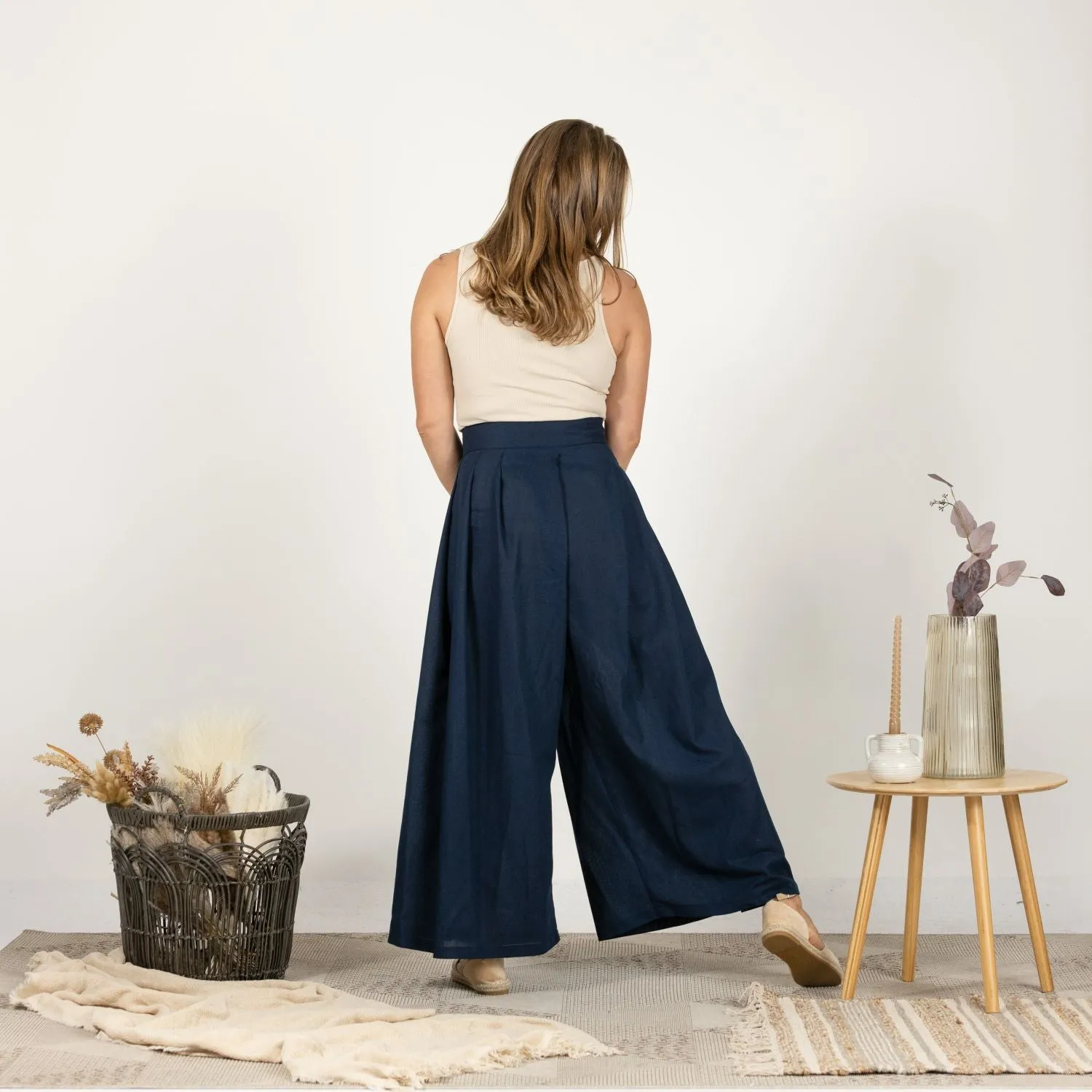 Blue Melange Wide Leg Linen Pants