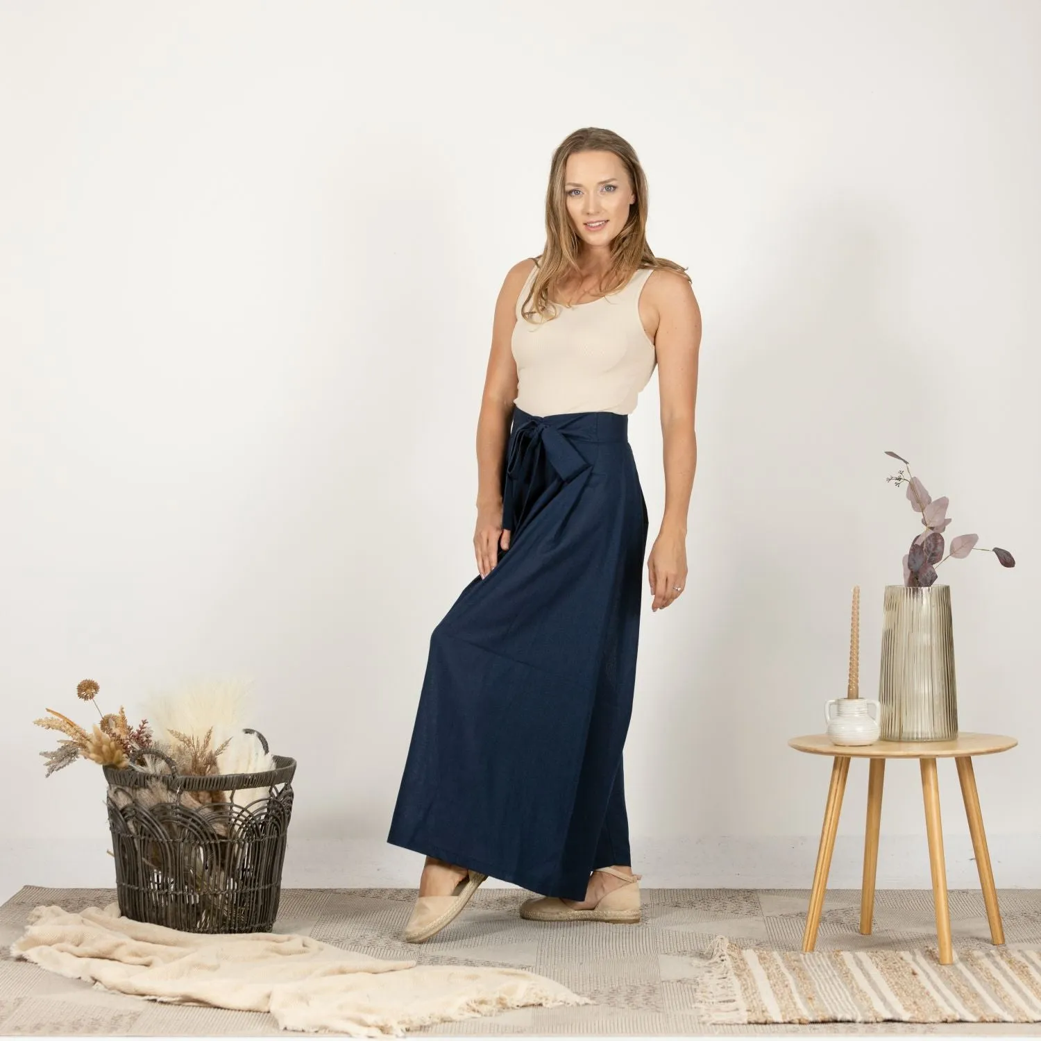 Blue Melange Wide Leg Linen Pants