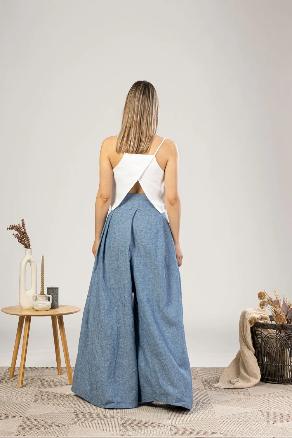 Blue Melange Wide Leg Linen Pants