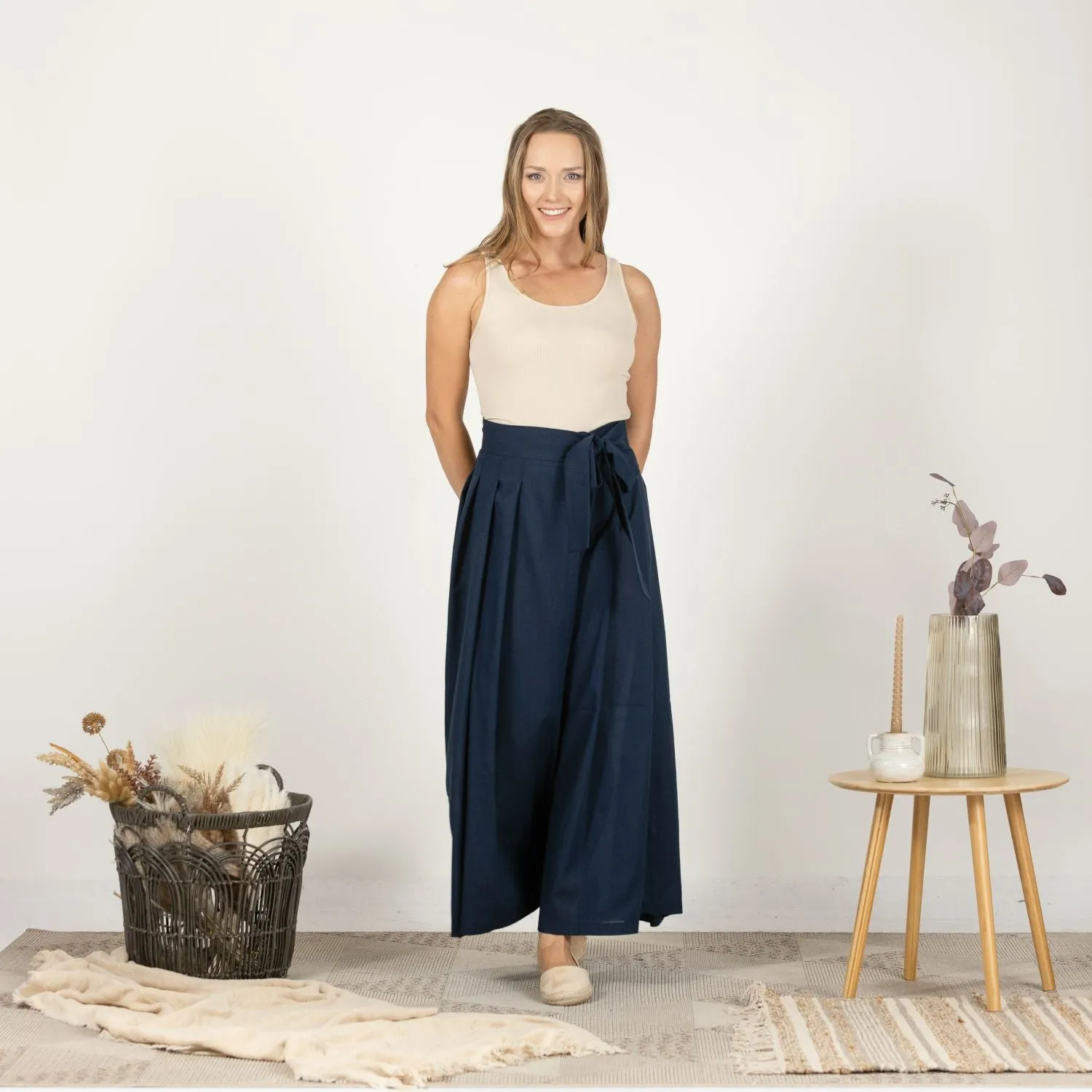 Blue Melange Wide Leg Linen Pants