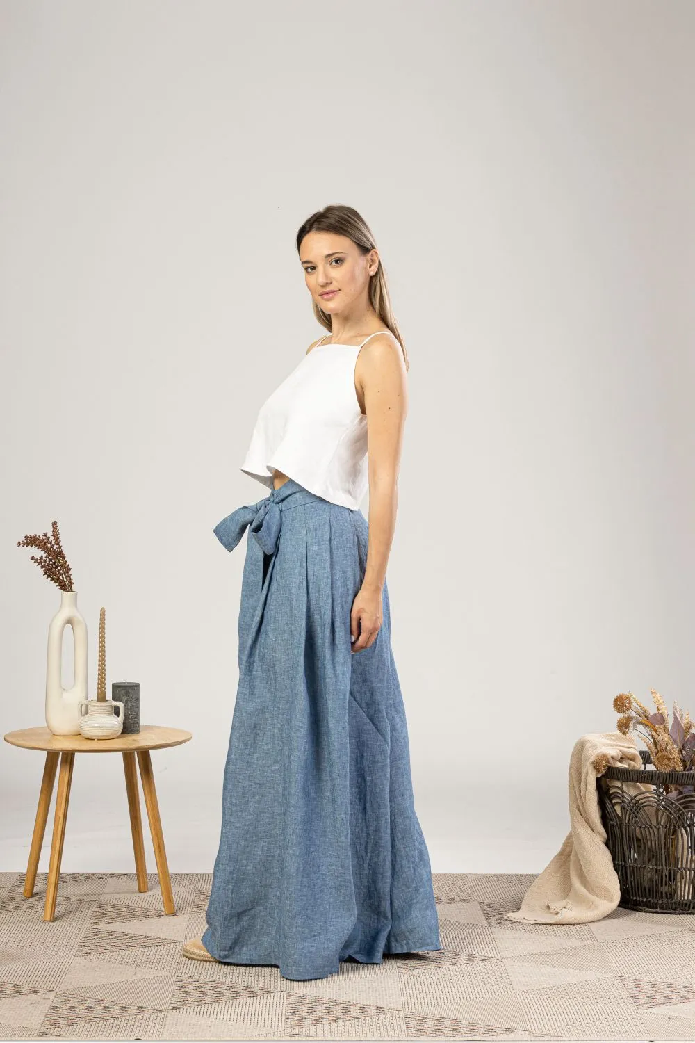 Blue Melange Wide Leg Linen Pants