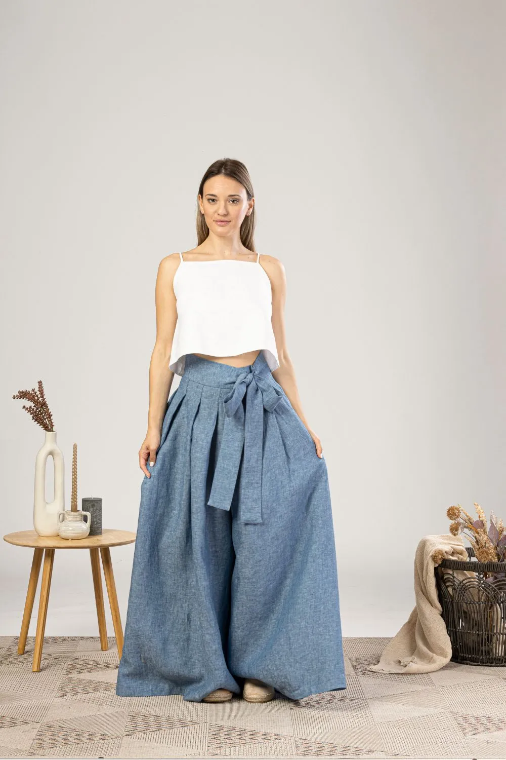 Blue Melange Wide Leg Linen Pants