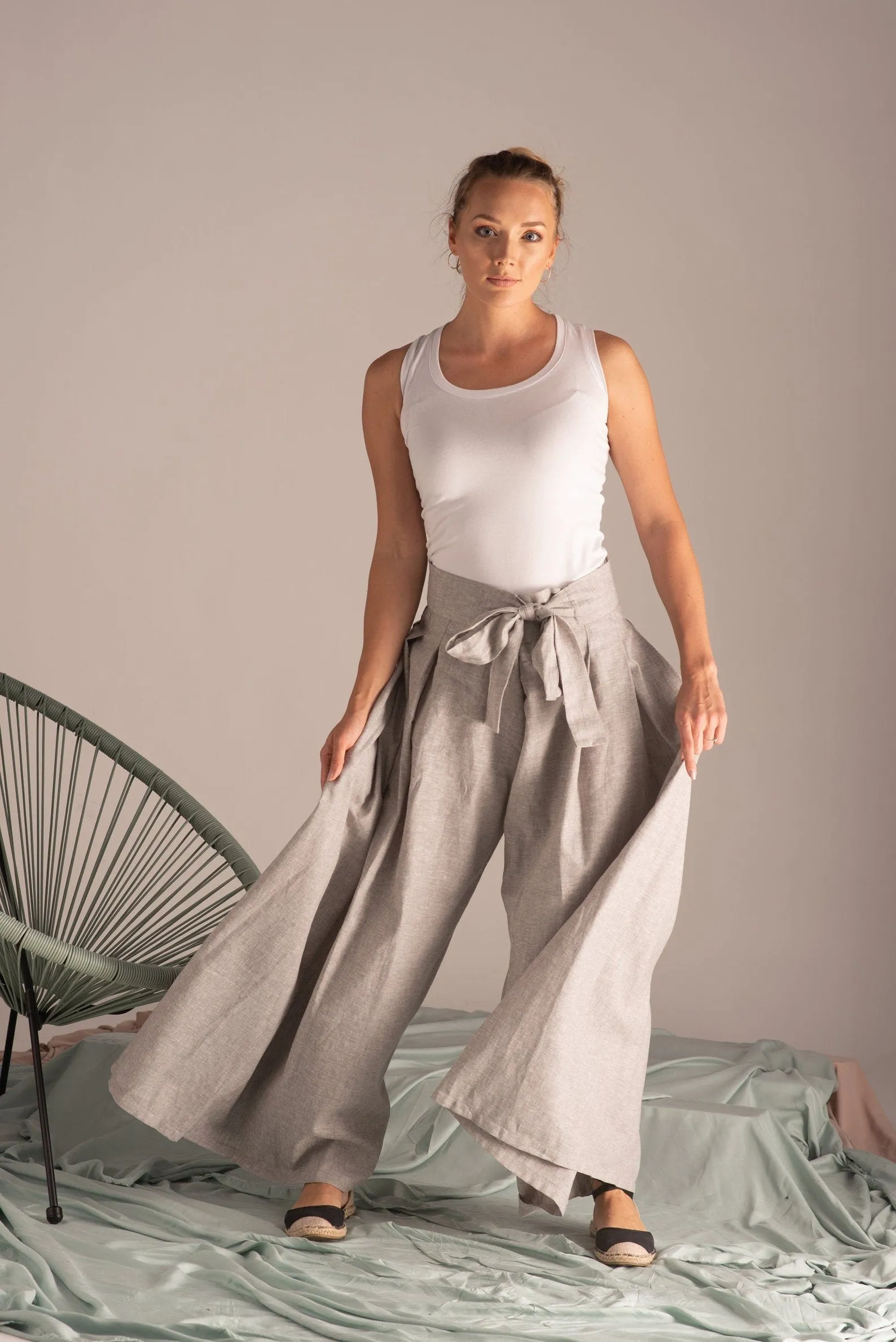 Blue Melange Wide Leg Linen Pants