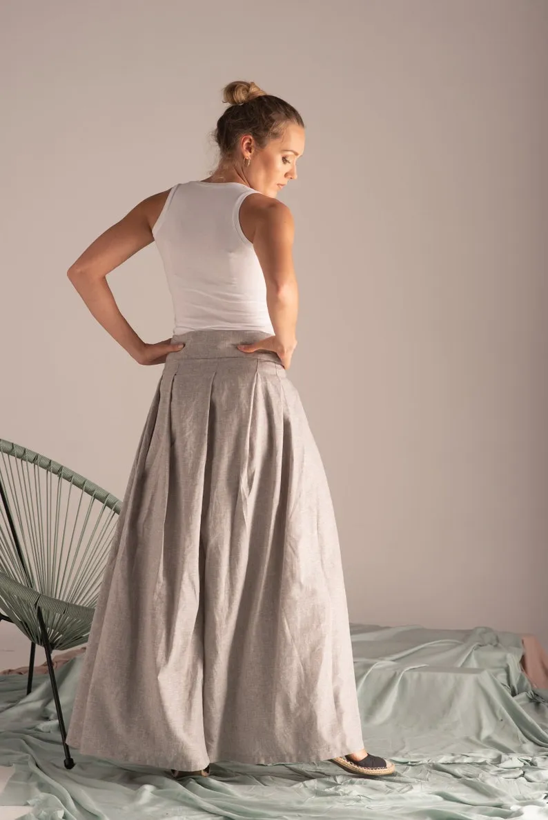 Blue Melange Wide Leg Linen Pants