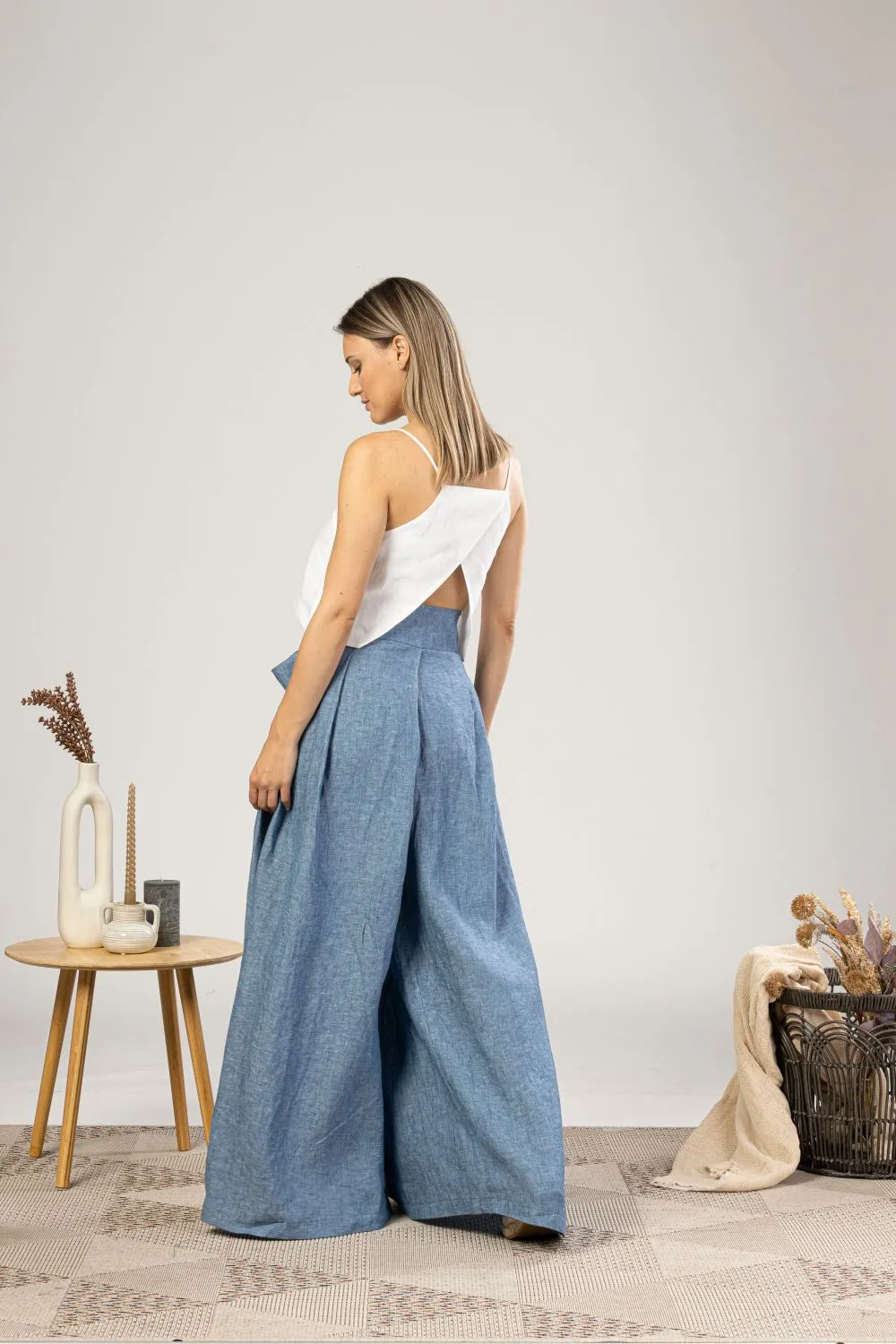 Blue Melange Wide Leg Linen Pants