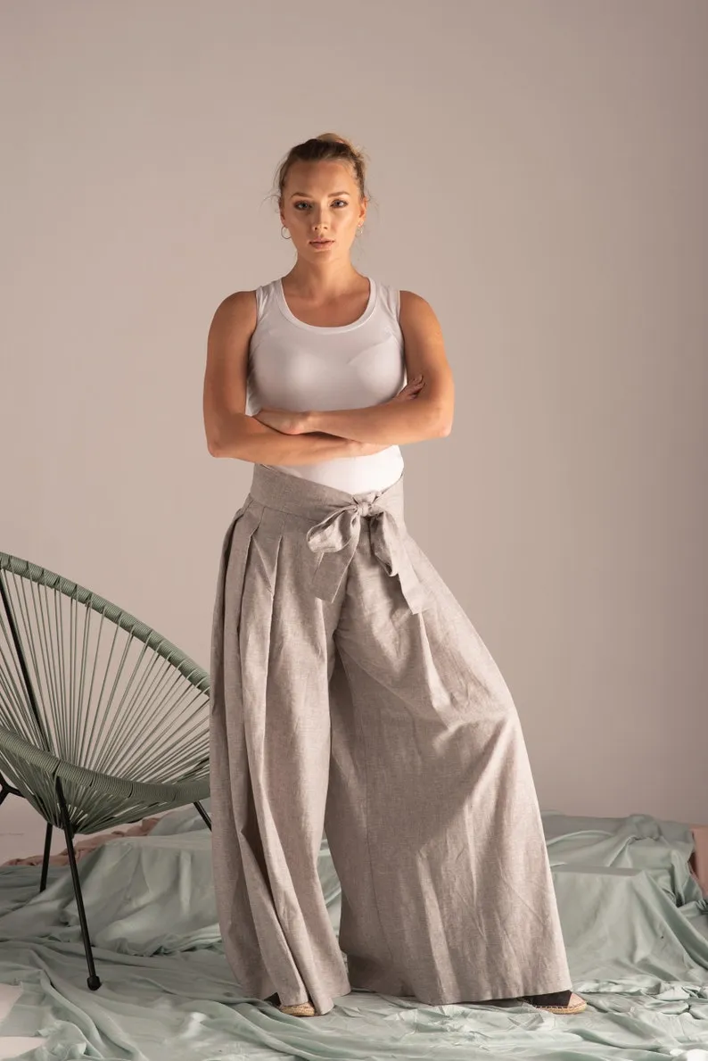 Blue Melange Wide Leg Linen Pants