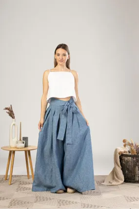 Blue Melange Wide Leg Linen Pants