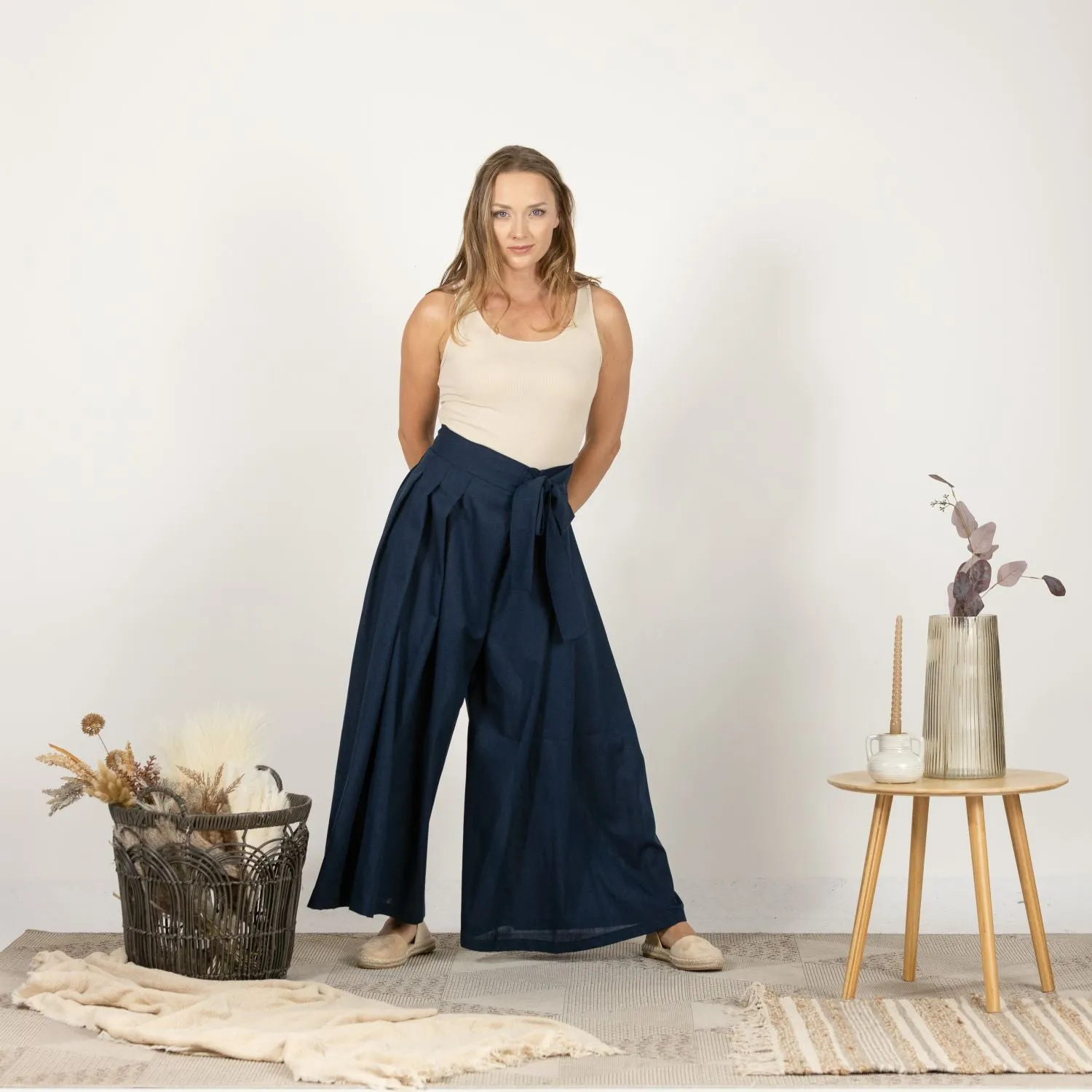 Blue Melange Wide Leg Linen Pants