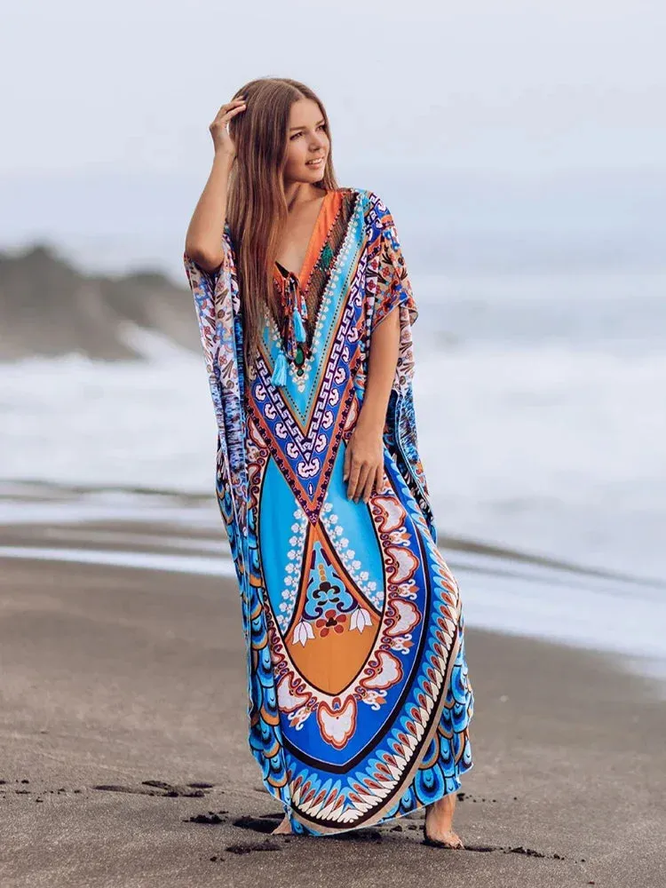 Bohemian Print Beach Style Maxi Dress Robe Cover Ups