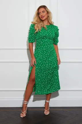 Carly Green Polka Dot Frill Sleeve Midi Dress