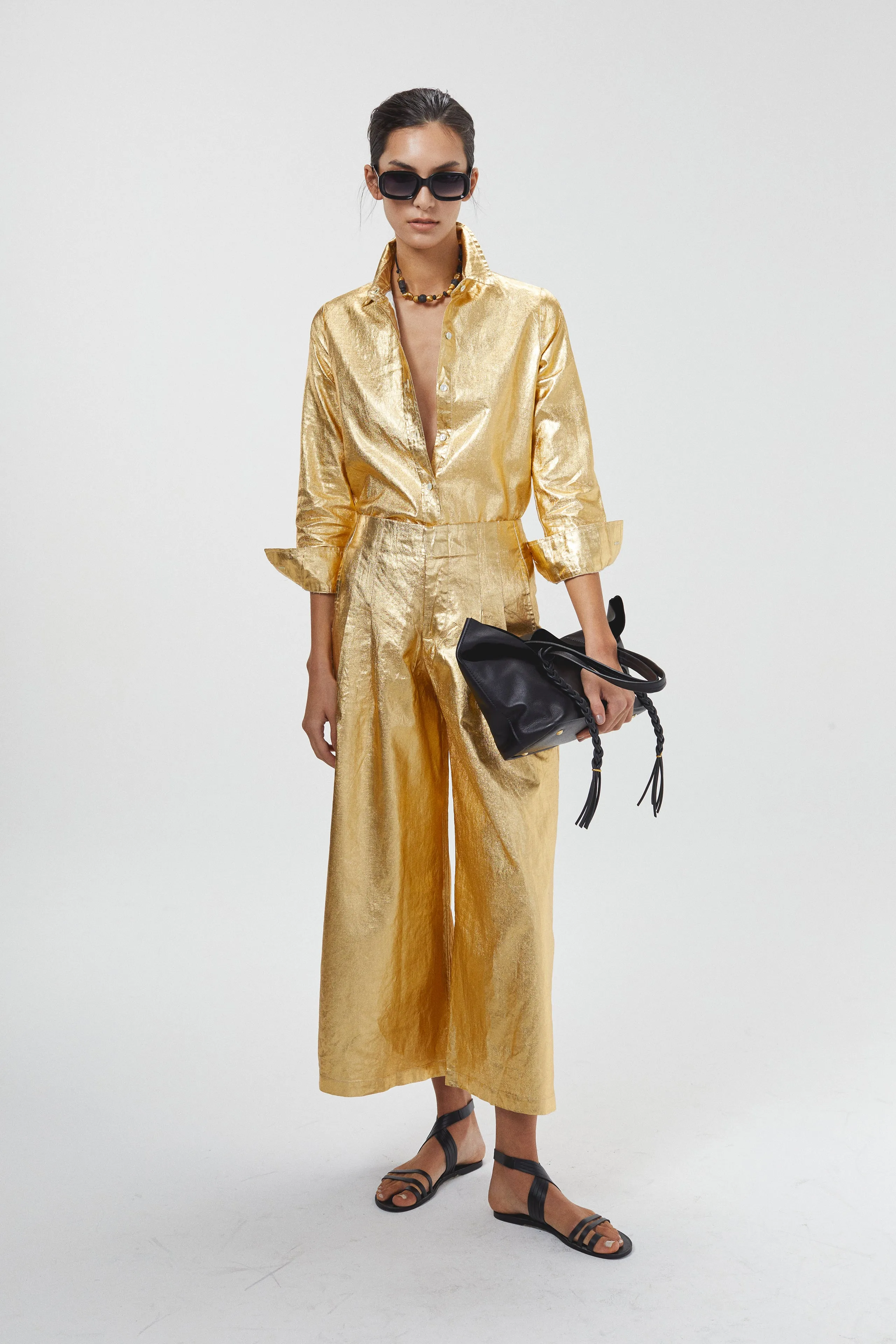 Culotte Metallic Linen Pants - Gold