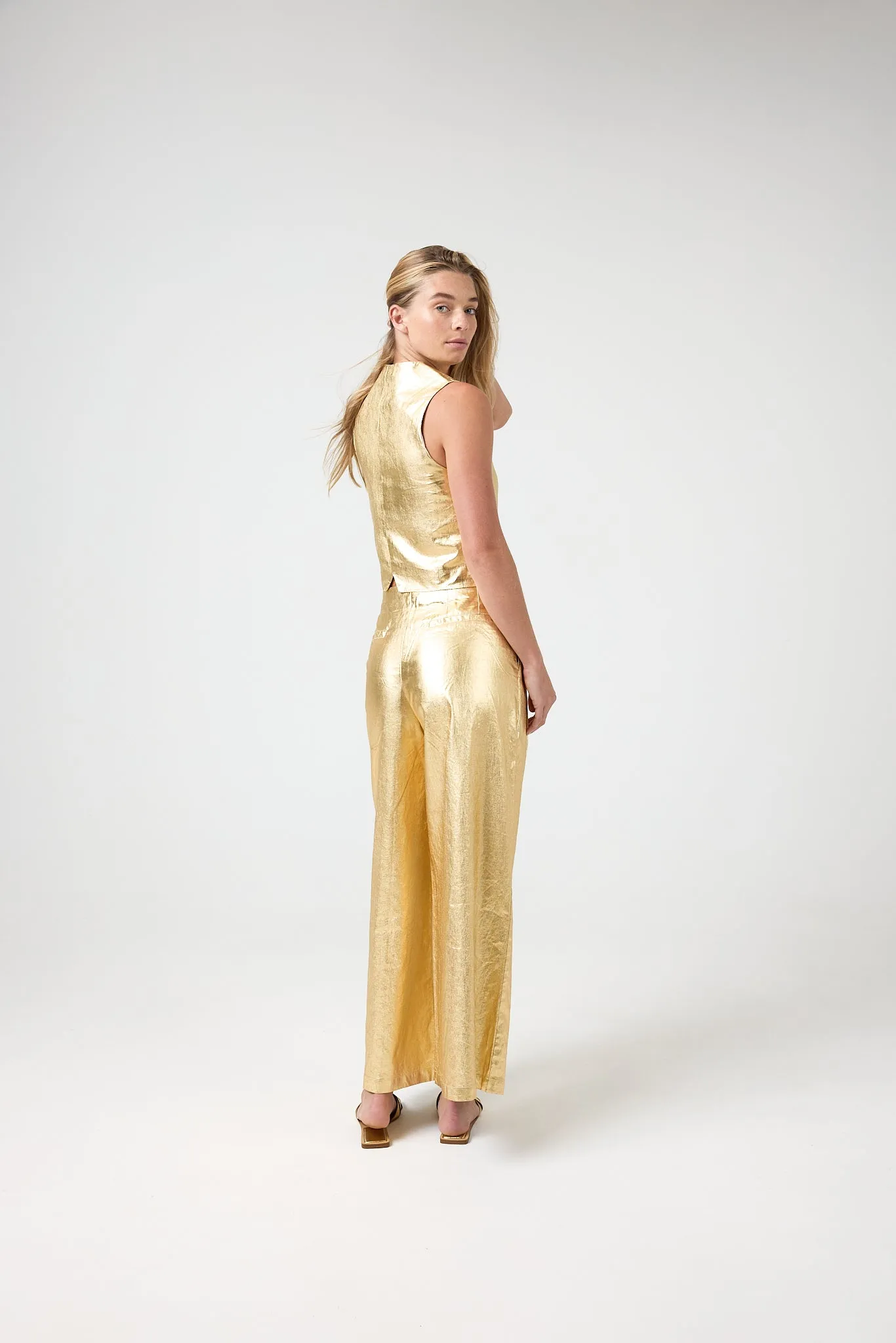 Culotte Metallic Linen Pants - Gold