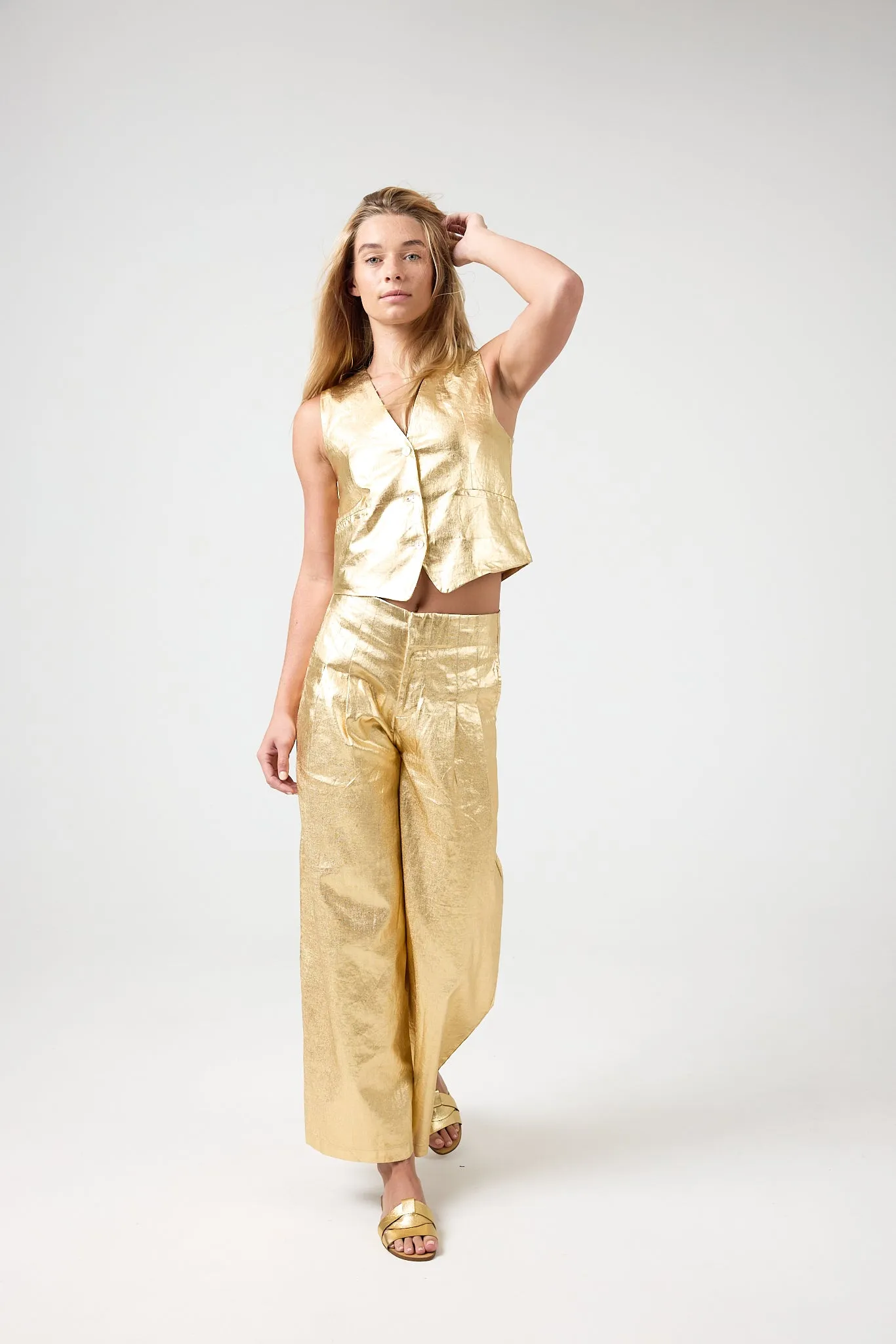 Culotte Metallic Linen Pants - Gold