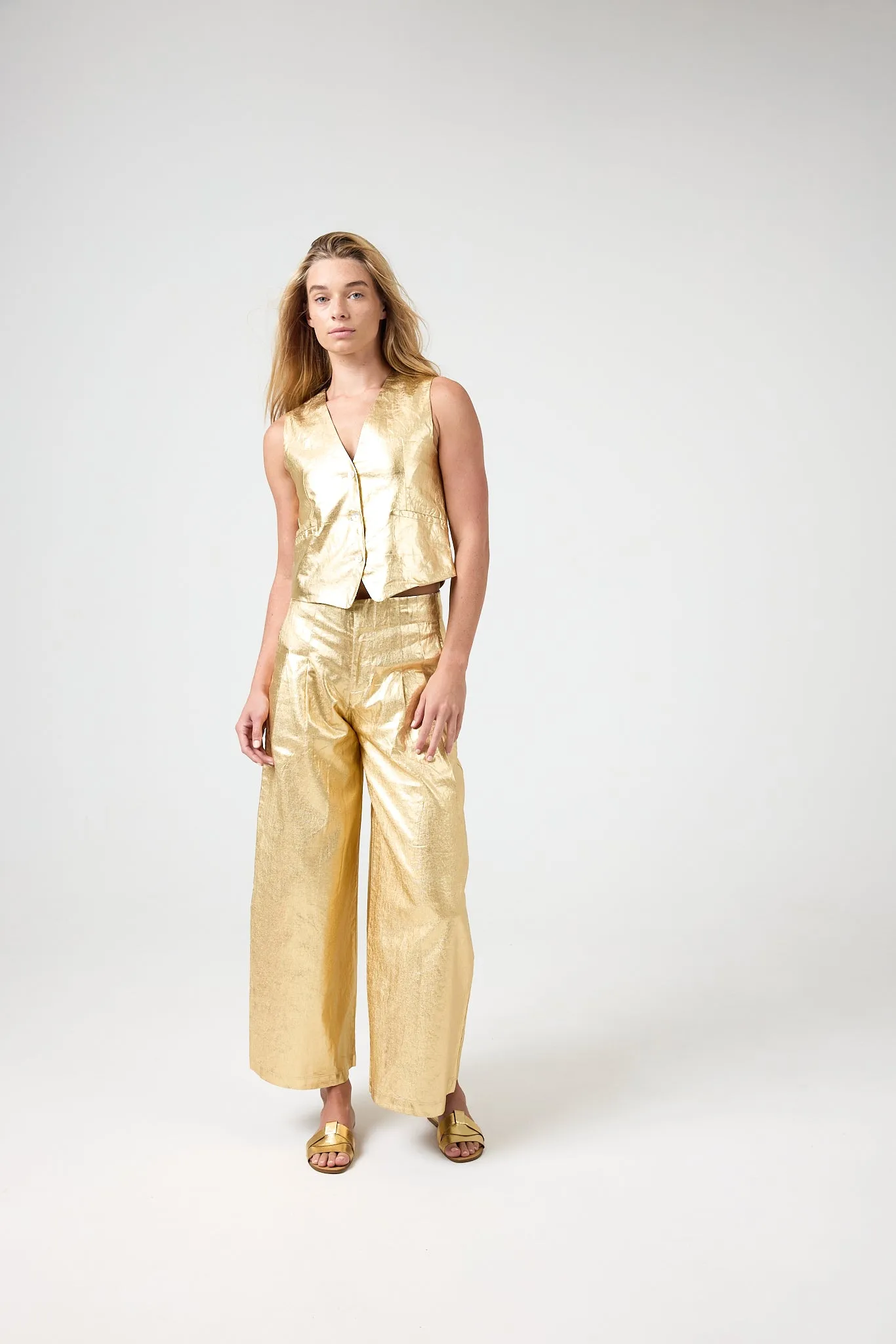 Culotte Metallic Linen Pants - Gold