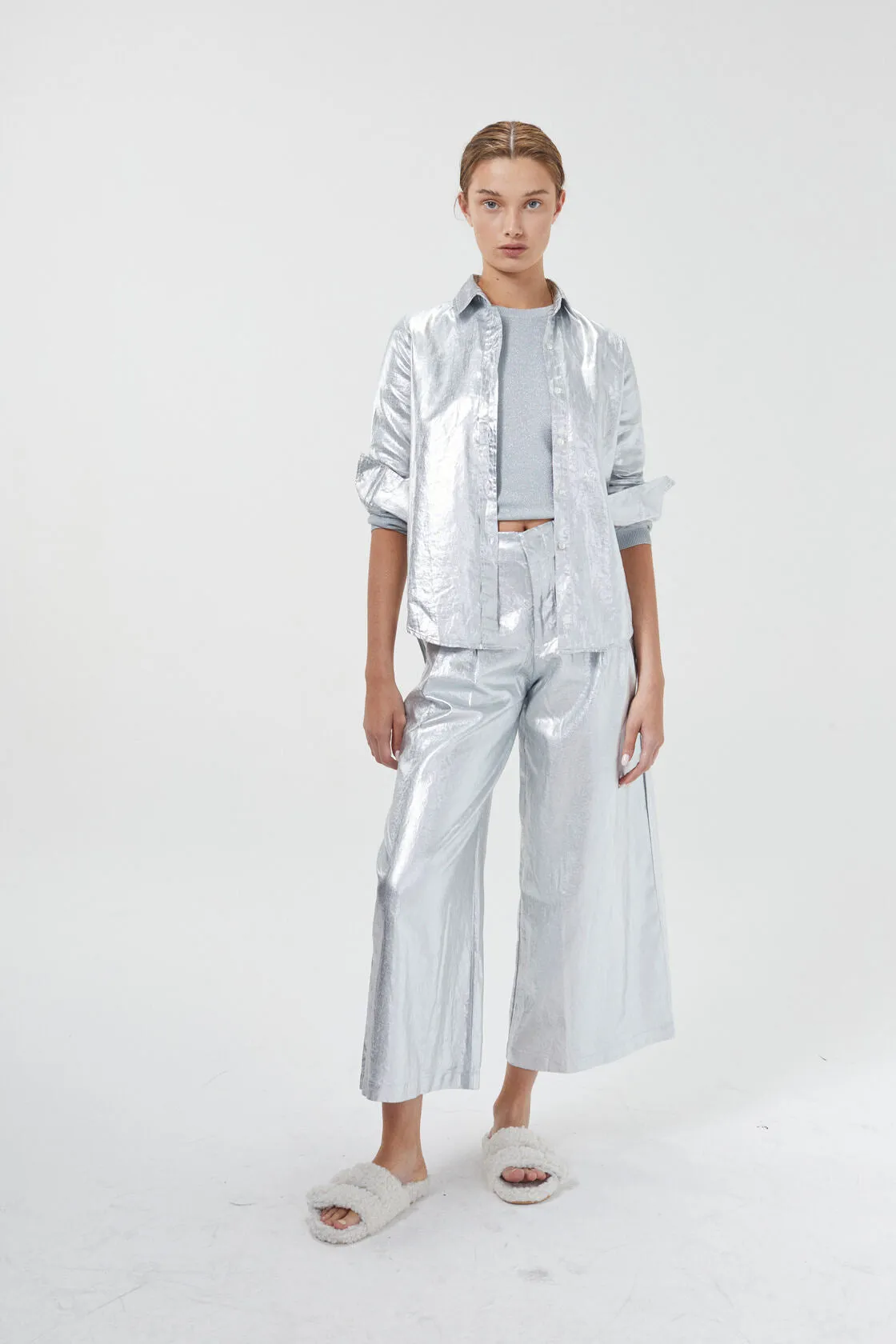 Culotte Metallic Linen Pants - New Silver