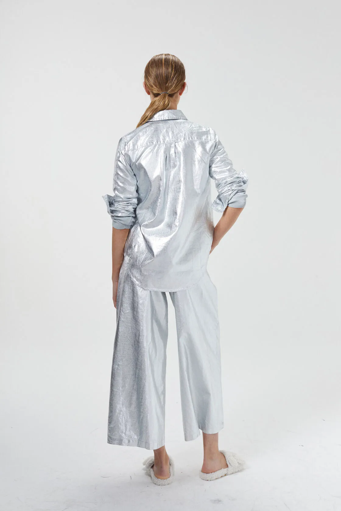 Culotte Metallic Linen Pants - New Silver