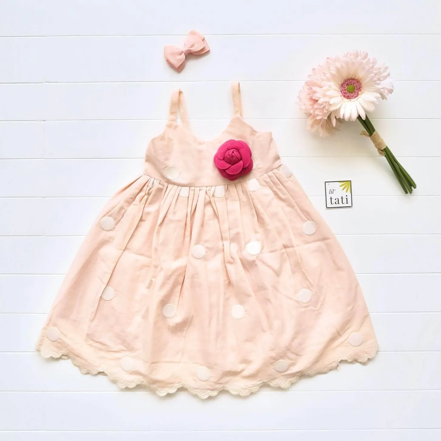 Dahlia Dress in Peach Polka Embroidery