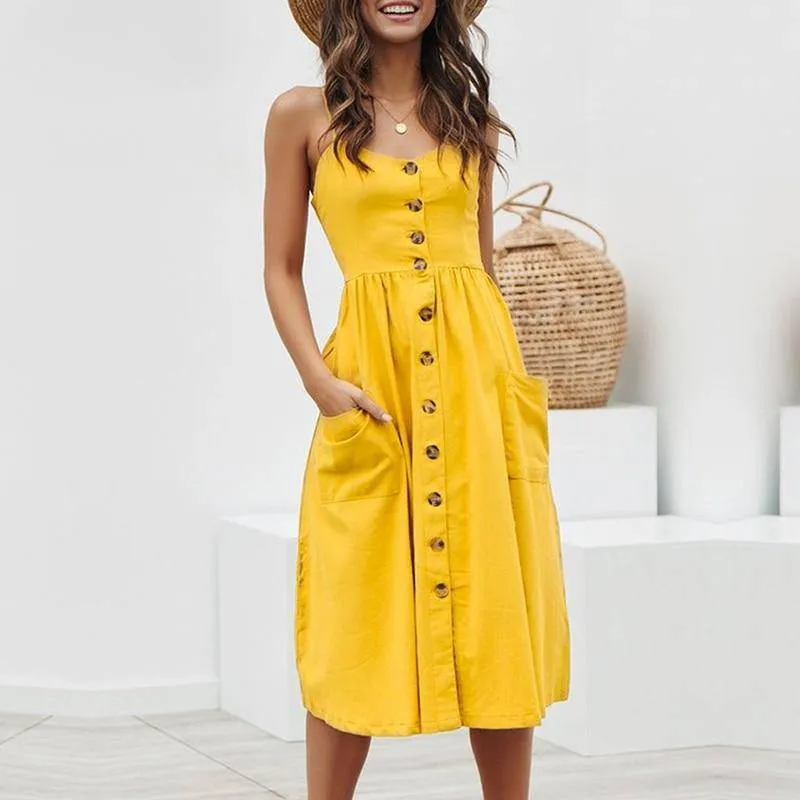 Elegant Pocket Polka Dots Yellow Cotton Midi Dress