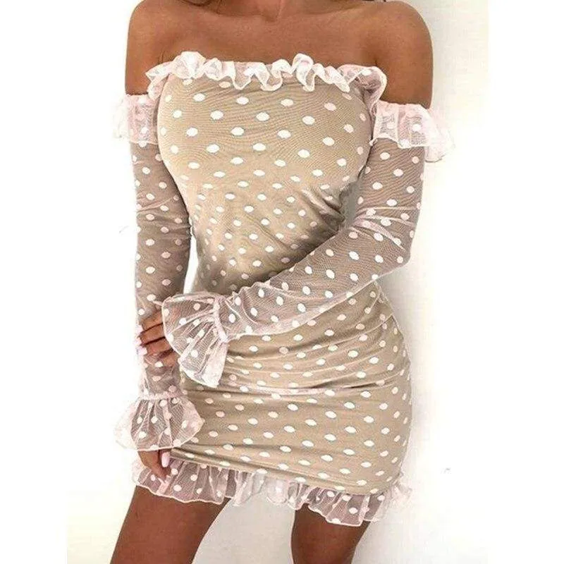 FashionSierra - Women Ladies See-through Base Dress Flared Long Sleeve Off-shoulder Polka Dots Printed Short Mini Dress