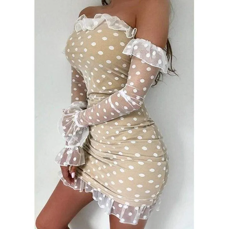 FashionSierra - Women Ladies See-through Base Dress Flared Long Sleeve Off-shoulder Polka Dots Printed Short Mini Dress