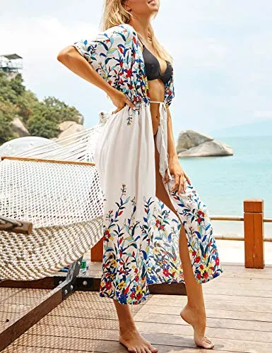 Floral Print Kimono: Women's Short Sleeve Beach Cover Up