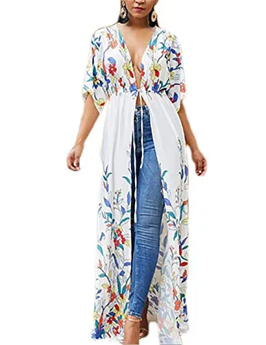 Floral Print Kimono: Women's Short Sleeve Beach Cover Up