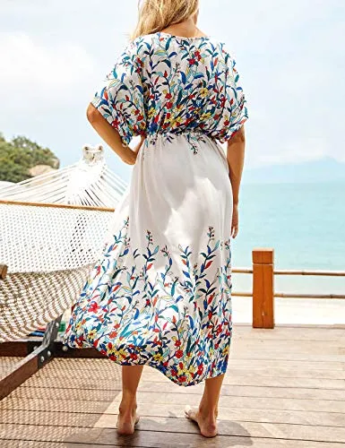 Floral Print Kimono: Women's Short Sleeve Beach Cover Up