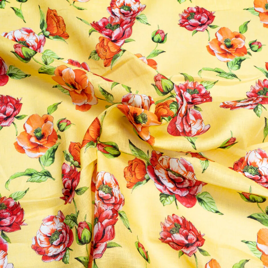 Floral Printed Yellow Lightweight Pure Linen