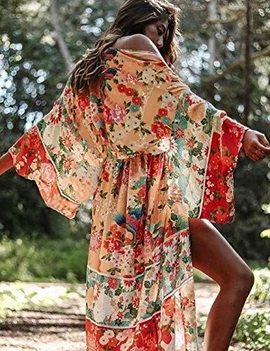 Flower Print Chiffon Long Sleeve Beach Kimono