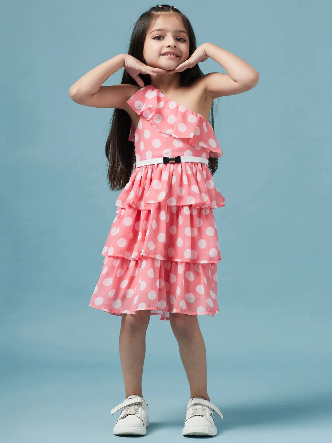 Girls One Shoulder Polka Dot Printed Georgette Dress - Ps Peaches