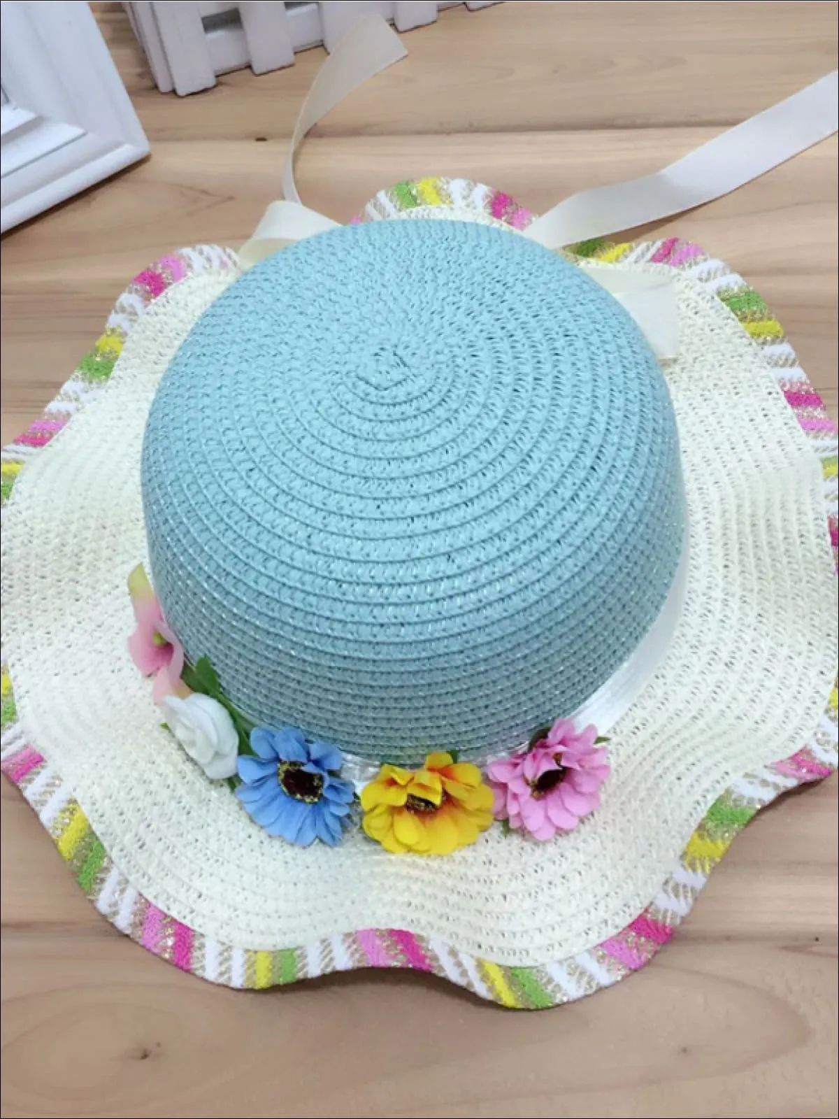 Girls Rainbow Floral Straw Hat