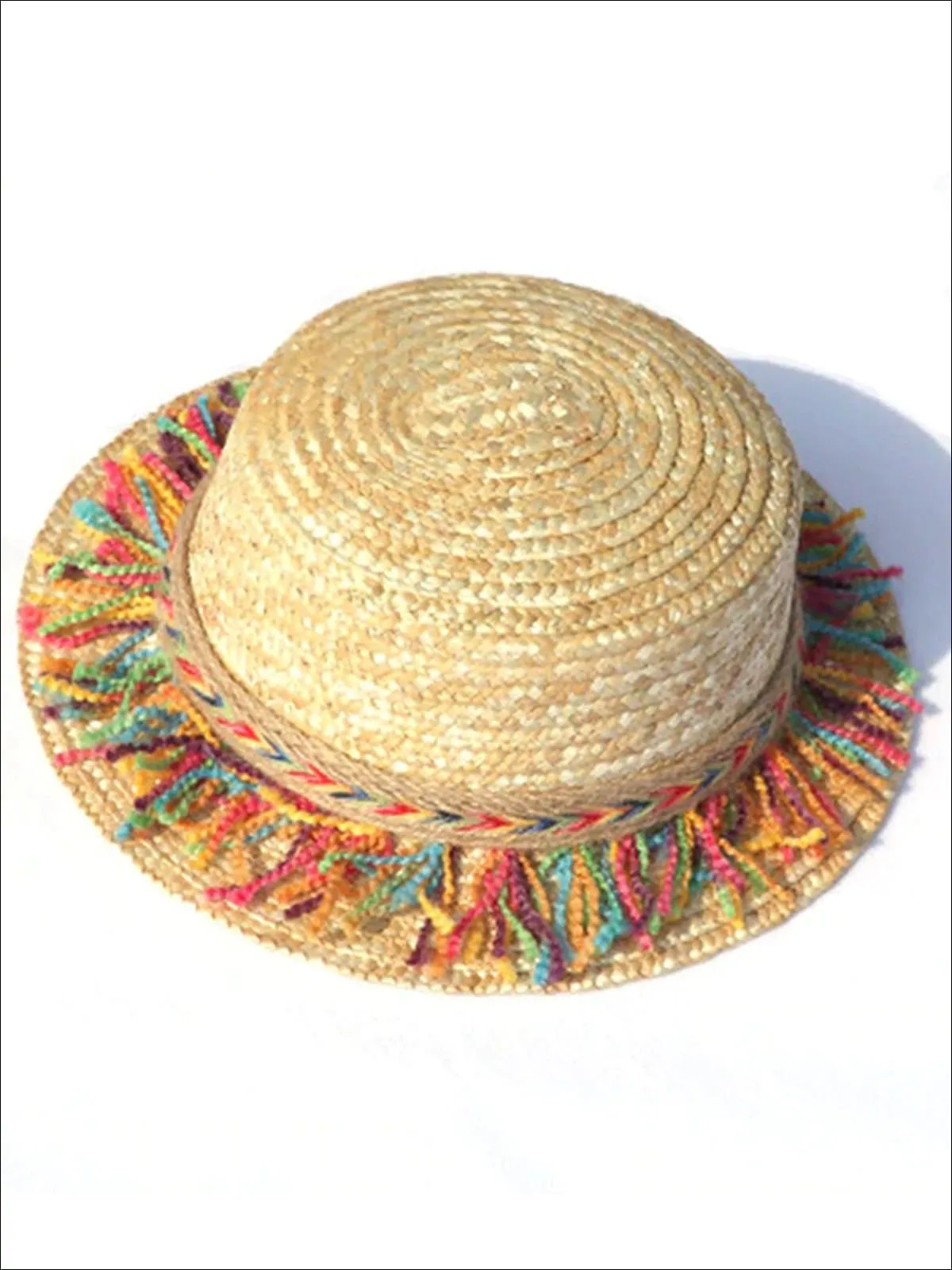 Girls Straw Hat With Rainbow Colored Tassels