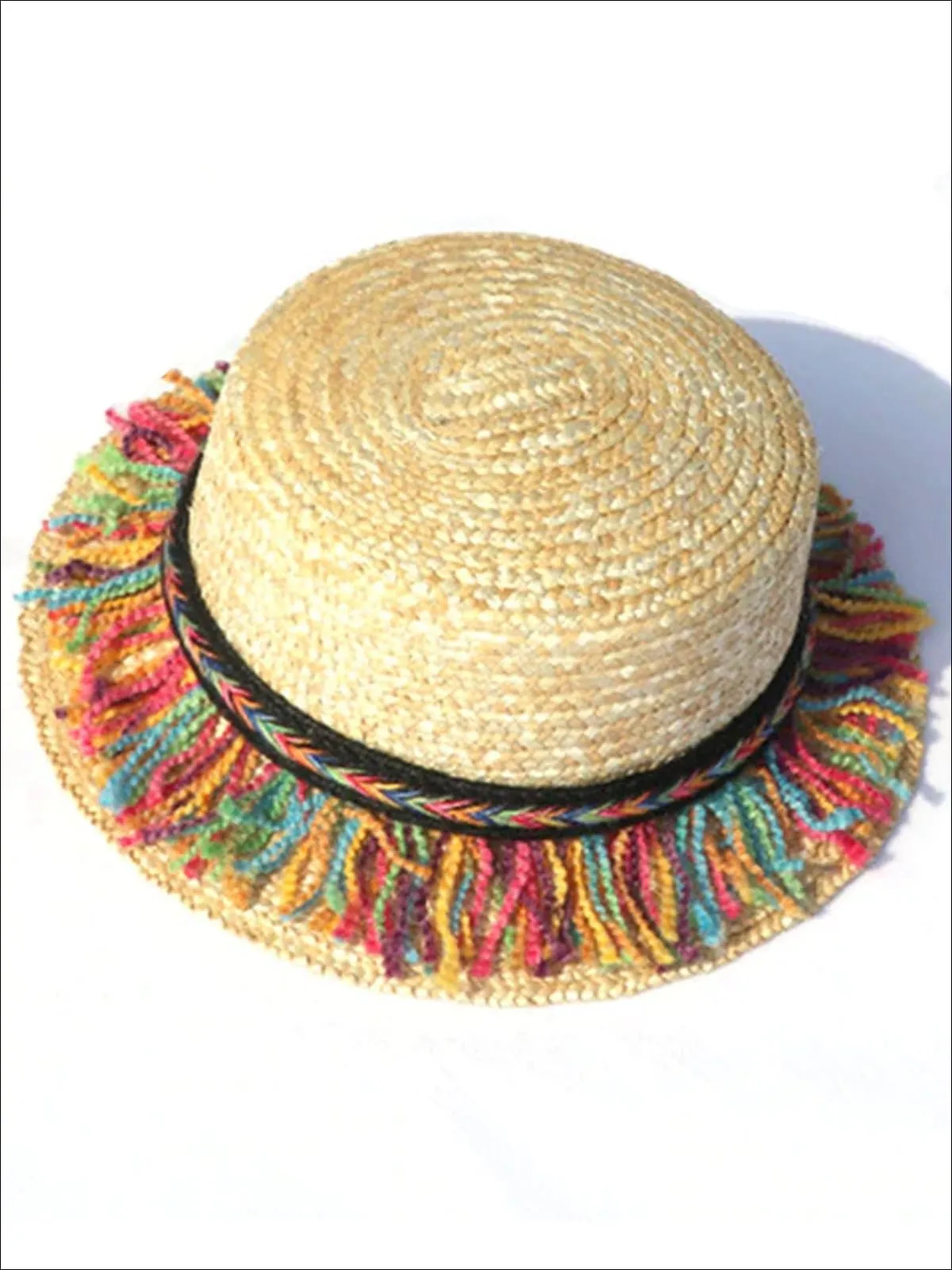 Girls Straw Hat With Rainbow Colored Tassels