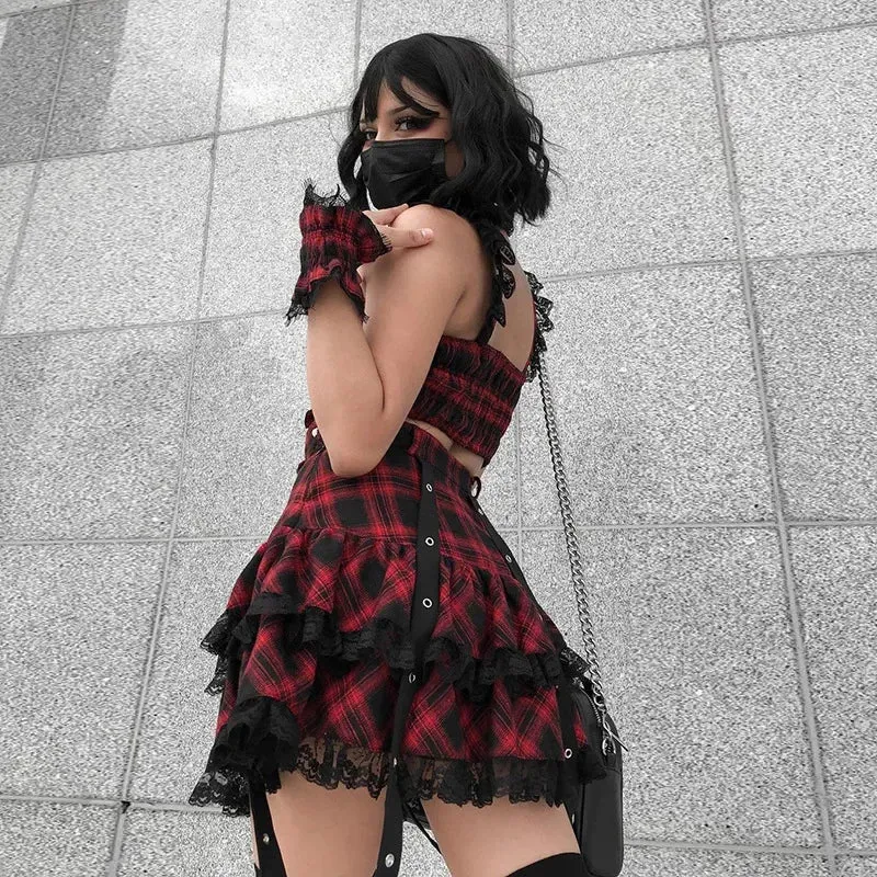 Harajuku Waist Japanese Plaided Mini Lolita Gothic Fashion Plaid High Streetwear Girl Sets Skirt