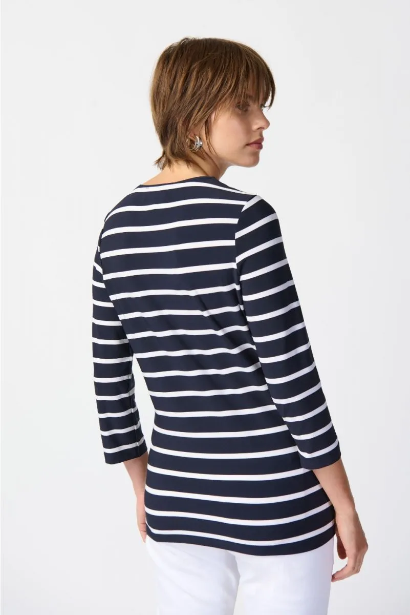 Joseph Ribkoff Midnight Blue/Vanilla Striped Cutout Detail 3/4 Sleeve Top 241087