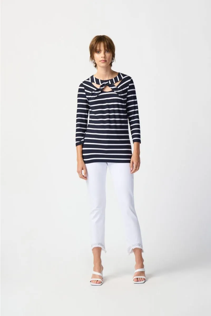 Joseph Ribkoff Midnight Blue/Vanilla Striped Cutout Detail 3/4 Sleeve Top 241087