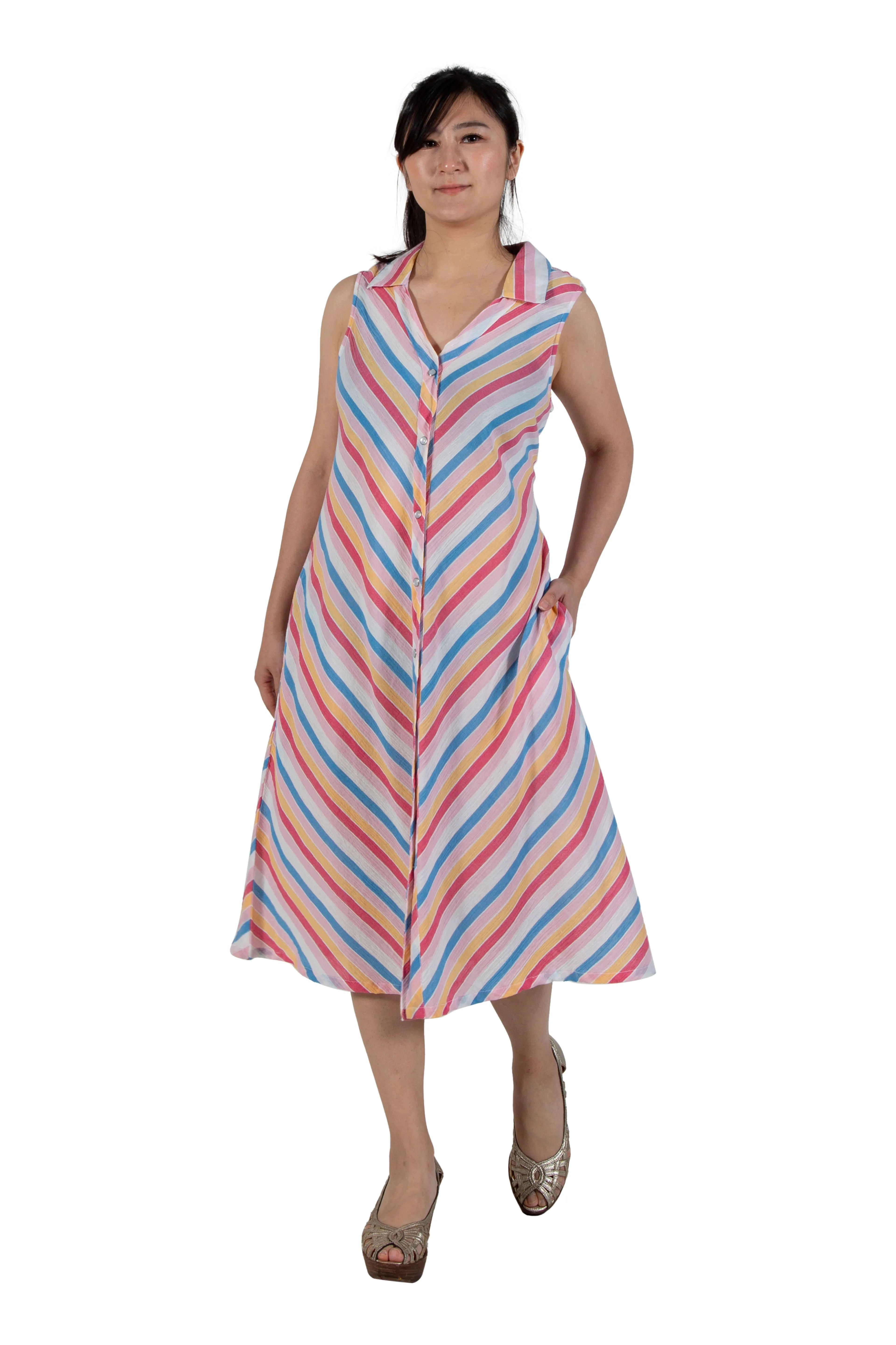 La Cera Stripe Snap Front Sleeveless Cotton Dress