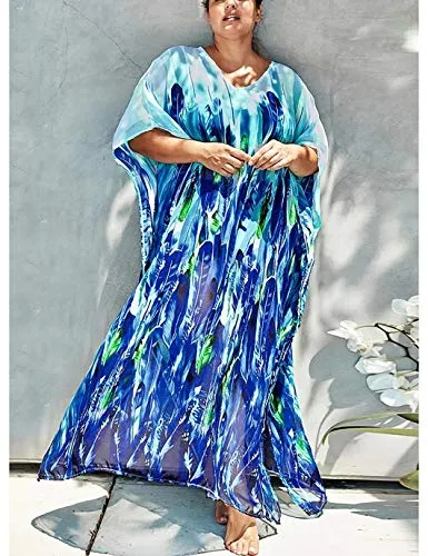 Leaf Print Chiffon Beach Kaftan Maxi Dress Women's Swim Cover Up