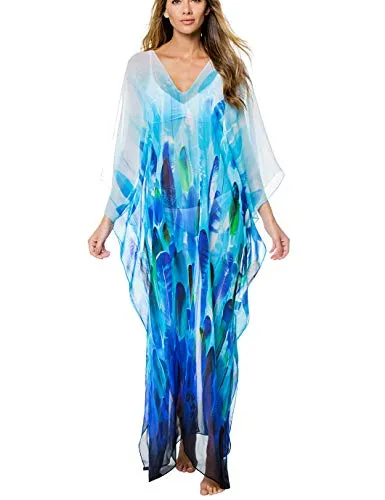 Leaf Print Chiffon Beach Kaftan Maxi Dress Women's Swim Cover Up