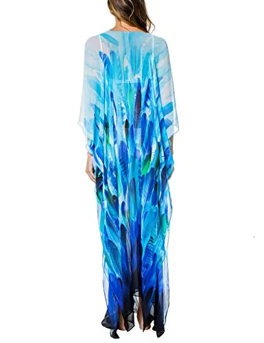 Leaf Print Chiffon Beach Kaftan Maxi Dress Women's Swim Cover Up