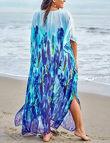 Leaf Print Chiffon Beach Kaftan Maxi Dress Women's Swim Cover Up